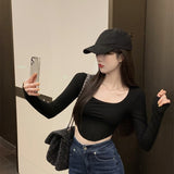 Sweet And Spicy Long-Sleeved T-Shirt Girl Spring Slim Slim Short High-Waist Thin Inside The Bottom Shirt Sexy White Top