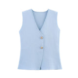 Summer New Gold Button Knitted Vest Small Folding Splicing Skirt Set
