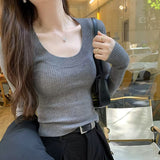 Small Fragrant High-End Feel Super-Looking U-Collar With The Bottom Of The Knitted Shirt Women's Autumn And Winter New Korean Body Repair Short Top