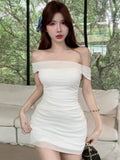 White Pure Desire A Word Out Shoulder Bag Hip Sling Dress Women's Summer 2026 New Sexy Body Repair Short Skirt