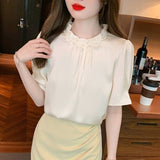 Summer New High-End Loose Thin Temperament Short-Sleeved Shirt Female Small Lotus Leaf-Side Shirt Shirt