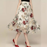 New Retro High-Rise Thin Embroidered Big Flowers In The Long Fairy Half-Dress