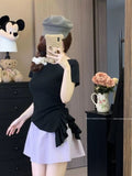 Purple Irregular Slanted Loaf Side Short-Sleeved T-Shirt Girls Summer Thin Knitted Shirt Waist Thin Temperament Top