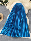 Tightening The Pearl Light Hundred Folded Half-Dressed Dress Woman 2025 Early Spring Glossy Color Color Hanging High Waist Thin Word Long Dress
