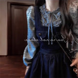 Spring And Autumn Wear A Set Of Women's Loose Retro Bows Cowboy With A Lace Shirt