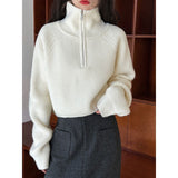 Knitted Autumn And Winter New Age-Reasing Design Zipper Loose Thin Collar Languid Sweater Top Woman