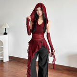 Korean New Halloween Cos Red Collar Hooded T-Shirt Girl Leaves Side Irregular With Cuffs Thin Top