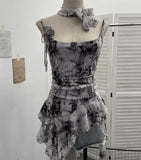 Real Shooting Retro Tie-Dye-Print Mesh Sling Sling Sling Vest Irregular Lotus Leaf Edge Ribbon Sleeveless Top 1185