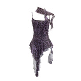 Leopard-Print Spliced Lace Ribbon Hanging Neck Irregular Sling Vest Sleeveless Top 1852
