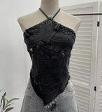 2025 Summer Babes Hanging Neck Cowboy Corset Irregular Hairy Short Vest 8905