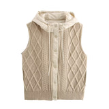 BSK&TRAF Women's Clothing Fall 2025 New Retro Leprosy Quilted Cotton Splicing Knitted Hooded Vest