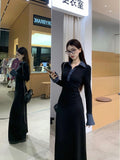 Korean Black Polo Collar Knitted Dress Women's Autumn And Winter Coat Inside The Repair Waist Temperament Long Skirt