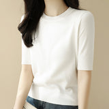 Short-Sleeved Knitted T-Shirt Women 2026 Summer New Solid Half-High Collar Chic High-Grade Ice Silk Black Top Thin