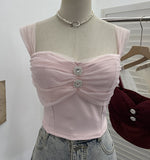 Real Shooting Net Red Pure Lust Folding Net Yarn Splicing Sling Sling Vest Bratie Short Sleeveless Top 8039