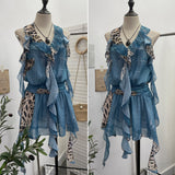 Hanging Neck Lotus Leaf Side Ribbon Print Between The Draw Folded Lace With Bareback Bow Dress 22070