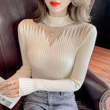 Spring And Autumn New Oceanic Knitted Knitted Jersey Casual Blouse Splicing High-Neck Knitted Bottom Sweater Women's Clothing