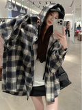 Vintage Languid Wind Bumpy Long-Sleeved Plaid Shirt Coat Women's Autumn Loose Casual Small Hooded Top