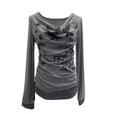 Real Shooting Sweet Cool Y2k Butterfly Print Fake Two Striped Long-Sleeved T-Shirt T-Shirt T-Shirt T-Shirt T-Shirt 27753