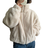 Korean Wind Chic Warm Soft Hairy Short Zipper Coat Women Autumn And Winter Thicken Warm Collar Plush Cotton Suit