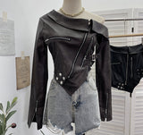 Real Shooting Short Slant Shoulder Small Leather Coat Women Pu Skin Cool Irregular Small Zipper Locomotive Top 2786