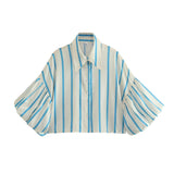 Women's Clothing Spring 2025 New Loose Casual Striped Lantern Sleeve Short Shirt Lady Top
