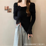 French Temperament Wooden Ear Three-Dimensional Flower Knitting Top Irregular Design Feel Waist Thin Horn Sleeve Bottom