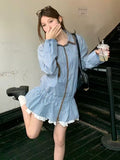 French Blue Striped Long-Sleeved Shirt Dress Women's Early Autumn High-End Feel Waist Shirt Temperament Polo Collar Top