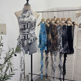 Trend Irregular Hanging Neck Dyeing Net Yarn Vest Lotus Side Ribbon Short Sleeveless Top 9969