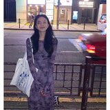 Hong Kong Style Retro Pink Broken Flower Net Yarn Print Dress + Inside The Sling Skirt Women's Spring And Autumn Two Sets