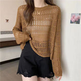Spring And Autumn 2025 Knitted Shirt Thin Hollow Top Women's Long Sleeves Loose Breathable Coat Grid Simple Match