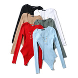 V-Neck Buckle Babes Dress Design Long-Sleeved Sexy Elastic Body Solid-Colored Bottom Shirt