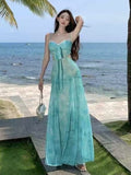 Island Photo Beautiful Green Print Sling Dress Hottie Outing To Wear Bare Side Holiday Lace Dress