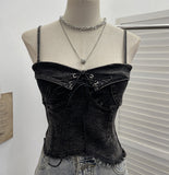 Real-Hand Washing Denim With Bow Strap Sling Vest Irregular Hairy Short Sleeveless Topsuit 8918