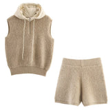 BSK&TRAF Women's Autumn 2025 New Towel Knitted Half-Zip Hooded Vest Shorts Set