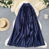 Tightening The Pearl Light Hundred Folded Half-Dressed Dress Woman 2025 Early Spring Glossy Color Color Hanging High Waist Thin Word Long Dress