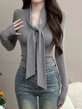 Pure Style With V-Neck Blouse Long-Sleeved T-Shirt Women's Thin Bottom Shirt New Design Sense Thin Top