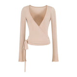 Ballet Style Bottom Hanging Neck Sling + Long Sleeve With Open Shirt + Lateral Waist Hanging Micro-Horn Pants Three-Piece Set Of Women