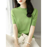 Short-Sleeved Knitted T-Shirt Women 2026 Summer New Solid Half-High Collar Chic High-Grade Ice Silk Black Top Thin