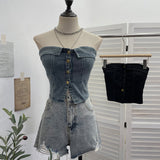 Sexy With Chest Cushions Denim Bra Sleeveless Top Single Buckle One-Pack Short Vest 2738