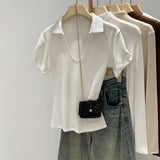 Pink V-Neck Shoulder-Repair Short-Sleeved T-Shirt For Girls Summer 2026 New Collared Little Hottie Top