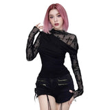 Lace Long-Sleeved Top Girl Spring Autumn Hottie Dark Sexy T-Shirt Repair Splicing Hollow