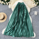 Tightening The Pearl Light Hundred Folded Half-Dressed Dress Woman 2025 Early Spring Glossy Color Color Hanging High Waist Thin Word Long Dress