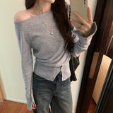 2026 Early Spring Word Shoulder Collar Knitted Shirt Woman Out Of The Shoulder To Wear A Bottom Shirt Spring And Autumn High-End Feel Sweater