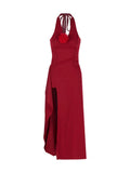 Red Three-Dimensional Flowers Hanging Neck Dress Women's Summer Dress Dress Pure Want To Close The Waist Open Fork The Ass Skirt