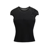Temperament Sexy Mesh Splicing Round Neck Short-Sleeved T-Shirt Girl Summer Hottie Waist Slimming On The Bottom