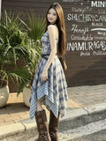 Xinjiang Yunnan Holiday Tourism Wearing Skirt Irregular Lattice Dress Women's Summer Slings Long Skirt