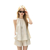 French Sleeveless Hanging Neck Top Women's Summer Two-Set Temperament High-End Casual Blouse Shorts