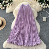 Striped Half-Dress Women 2026 New Tight Waist Hanging Long Skirt Wave Hem Swing 100 Folds Skirt