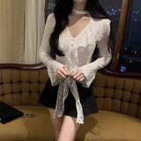 Spring And Summer New Temperament Pure Desire Lotus Leaf Side Ribbon Wearing Short V-Neck Lace Bottom T-Shirt Long-Sleeved T-Shirt