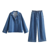 Spring 2025 New Women's Fashion Wash Blue Denim Blouse Straight Trousers Set